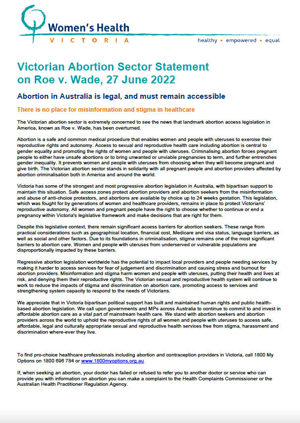 Vic Abortion Sector Statement